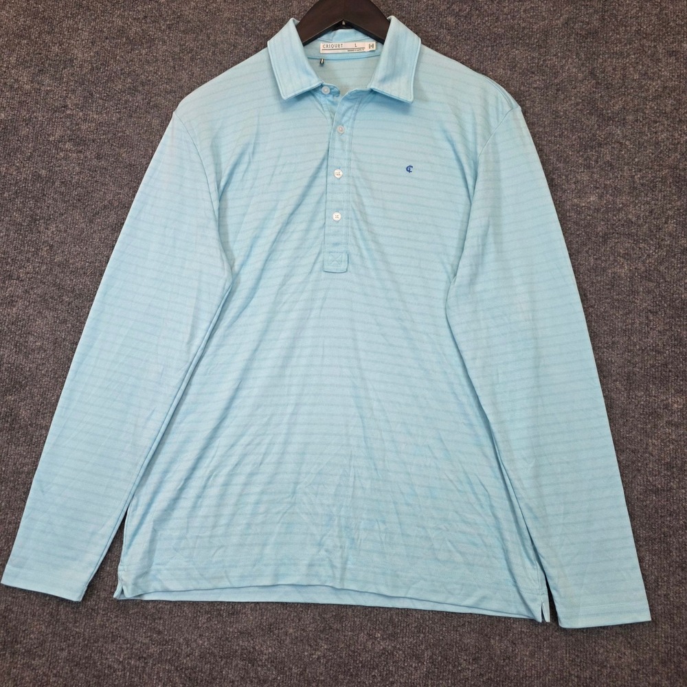 Criquet Polo Shirt Mens Large Light Blue Long Sleeve Pima Cotton Blend Stripe